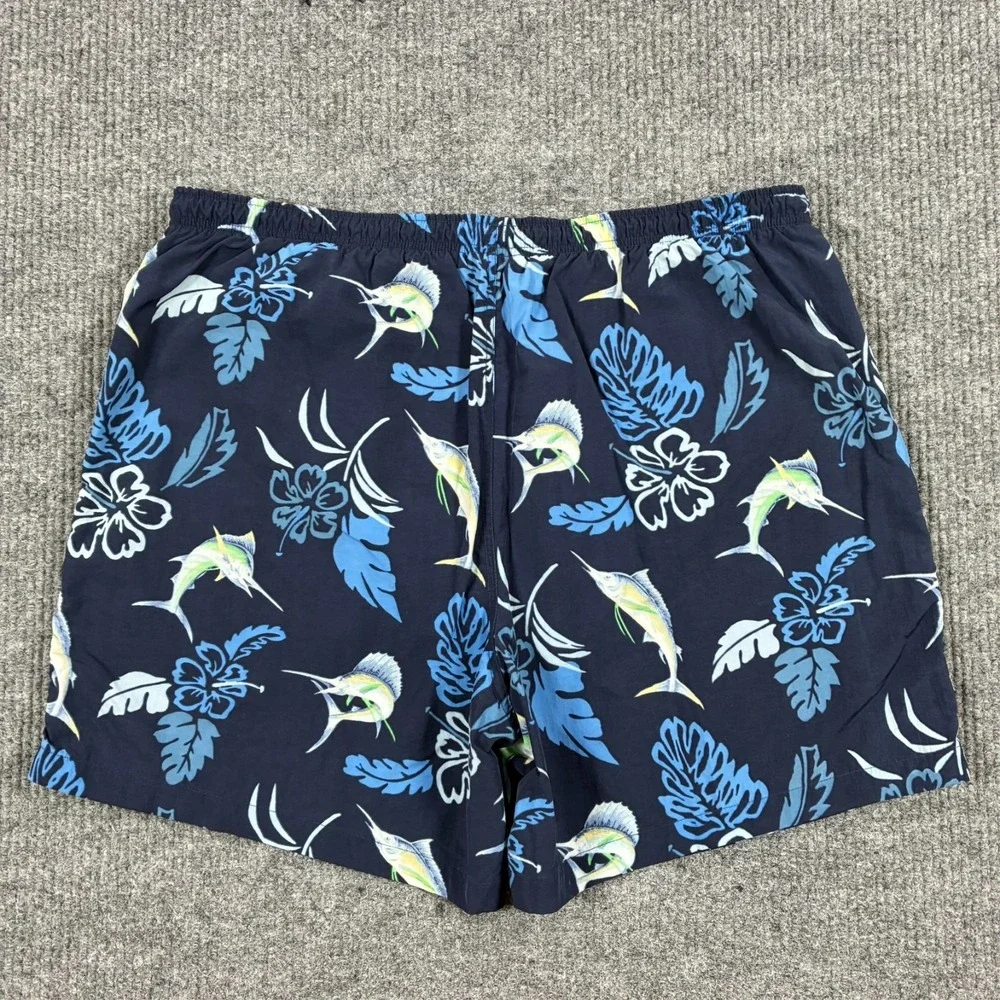 Nautica Mens XL Swim Trunks Fish Hawaiian Print Navy Mesh Lined Beach Shorts